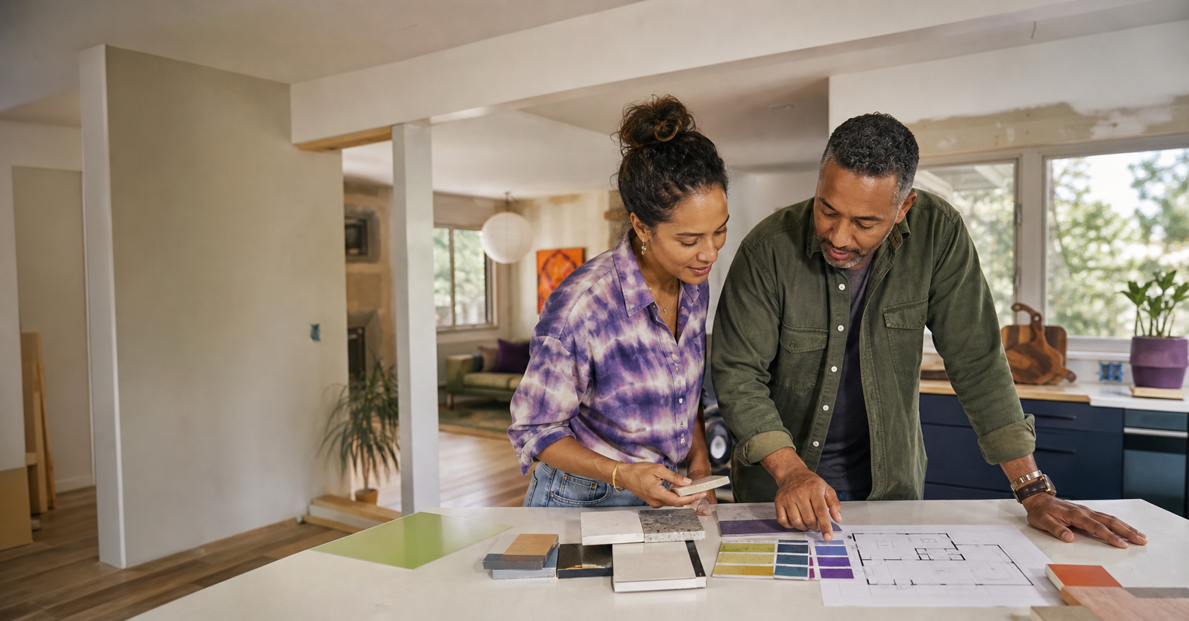 Homeowners planning a kitchen renovation with material samples